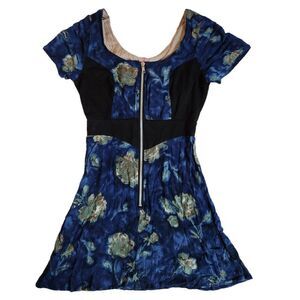 Super Lucky Cat blue black floral zip front short sleeve dress sz S